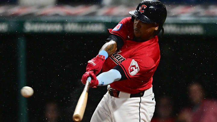 Sep 28, 2024; Cleveland, Ohio, USA; Cleveland Guardians third baseman Jose Ramirez (11) hits a double during the eighth inning against the Houston Astros at Progressive Field. Mandatory Credit: Ken Blaze-Imagn Images Sep 28, 2024; Cleveland, Ohio, USA; Cleveland Guardians third baseman Jose Ramirez (11) hits a double during the eighth inning against the Houston Astros at Progressive Field. Mandatory Credit: Ken Blaze-Imagn Images