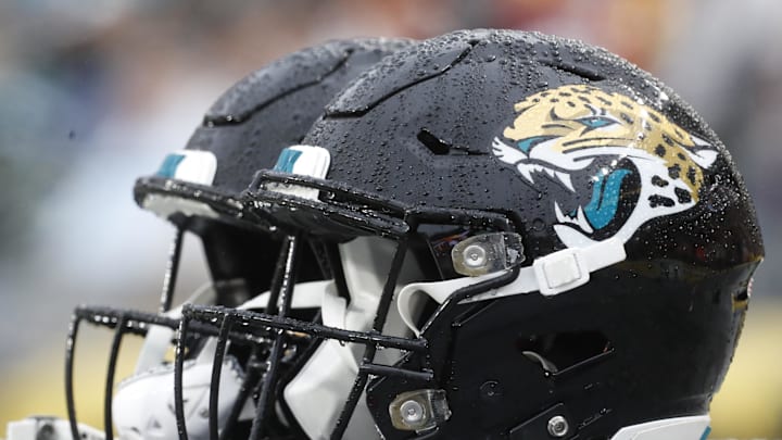 Oct 29, 2023; Pittsburgh, Pennsylvania, USA; Jacksonville Jaguars helmet on the sidelines against the Pittsburgh Steelers during the fourth quarter at Acrisure Stadium. Mandatory Credit: Charles LeClaire-Imagn Images
