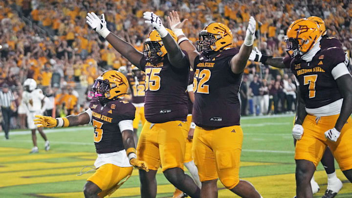Arizona State Sun Devils celebrate their first touchdown against the Northern Arizona Lumberjacks during a football game at Mountain America Stadium in Tempe on Aug. 30, 2025. Arizona State Sun Devils celebrate their first touchdown against the Northern Arizona Lumberjacks during a football game at Mountain America Stadium in Tempe on Aug. 30, 2025.