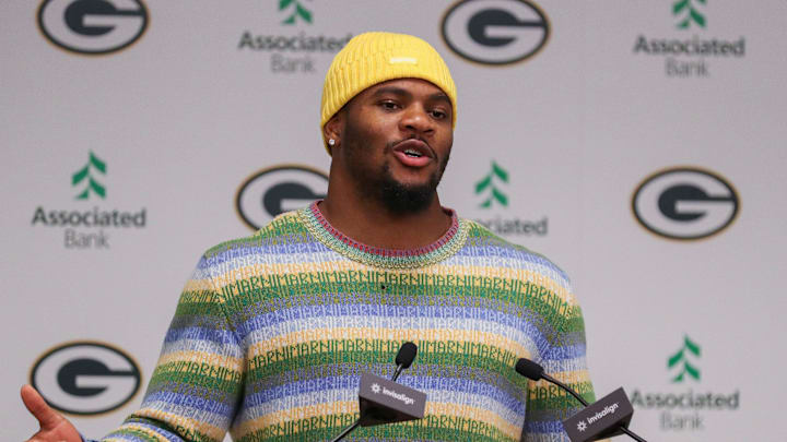 Green Bay Packers edge rusher Micah Parsons speaks during an introductory press conference on Friday, August 29, 2025, at Lambeau Field in Green Bay, Wis. The Packers made a trade with the Dallas Cowboys on Aug. 28 to acquire Parsons in exchange for defensive tackle Kenny Clark and two first round picks. Green Bay Packers edge rusher Micah Parsons speaks during an introductory press conference on Friday, August 29, 2025, at Lambeau Field in Green Bay, Wis. The Packers made a trade with the Dallas Cowboys on Aug. 28 to acquire Parsons in exchange for defensive tackle Kenny Clark and two first round picks.
