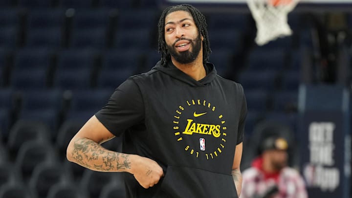 Jan 25, 2025; San Francisco, California, USA; Los Angeles Lakers forward Anthony Davis (3) walks on the court before the game against the Golden State Warriors at Chase Center. Mandatory Credit: Darren Yamashita-Imagn Images
