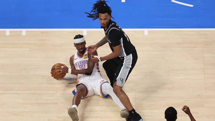 May 26, 2026; Oklahoma City, Oklahoma, USA; Oklahoma City Thunder guard Shai Gilgeous-Alexander (2) and San Antonio Spurs guard Stephon Castle (5) look at referee Sean Wright (4) after a call during the second quarter in game five of the western conference finals for the 2026 NBA playoffs at Paycom Center. Mandatory Credit: Brett Rojo-Imagn Images May 26, 2026; Oklahoma City, Oklahoma, USA; Oklahoma City Thunder guard Shai Gilgeous-Alexander (2) and San Antonio Spurs guard Stephon Castle (5) look at referee Sean Wright (4) after a call during the second quarter in game five of the western conference finals for the 2026 NBA playoffs at Paycom Center. Mandatory Credit: Brett Rojo-Imagn Images