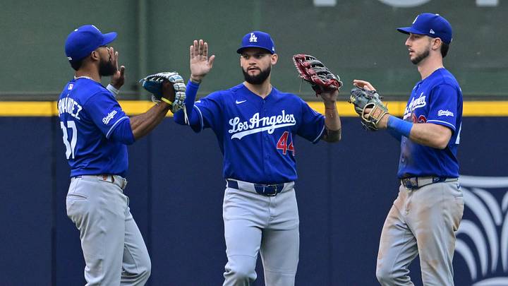 May 24, 2026; Milwaukee, Wisconsin, USA; Los Angeles Dodgers left fielder Teoscar Hernandez (37), center fielder Andy Pages (44) and right fielder Kyle Tucker (23) celebrates after beating the Milwaukee Brewers at American Family Field. Mandatory Credit: Benny Sieu-Imagn Images May 24, 2026; Milwaukee, Wisconsin, USA; Los Angeles Dodgers left fielder Teoscar Hernandez (37), center fielder Andy Pages (44) and right fielder Kyle Tucker (23) celebrates after beating the Milwaukee Brewers at American Family Field. Mandatory Credit: Benny Sieu-Imagn Images