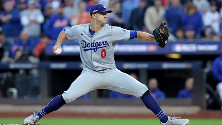 Oct 18, 2024; New York City, New York, USA; Los Angeles Dodgers starting pitcher Jack Flaherty (0) pitches against the New York Mets during the second inning of game five of the NLCS during the 2024 MLB playoffs at Citi Field. Mandatory Credit: Brad Penner-Imagn Images Oct 18, 2024; New York City, New York, USA; Los Angeles Dodgers starting pitcher Jack Flaherty (0) pitches against the New York Mets during the second inning of game five of the NLCS during the 2024 MLB playoffs at Citi Field. Mandatory Credit: Brad Penner-Imagn Images