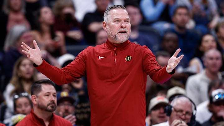 Mar 24, 2025; Denver, Colorado, USA; Denver Nuggets head coach Michael Malone gestures in the third quarter against the Chicago Bulls at Ball Arena. Mandatory Credit: Isaiah J. Downing-Imagn Images