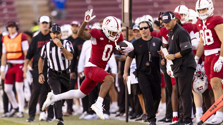 Nov 1, 2025; Stanford, California, USA; Stanford Cardinal wide receiver Caden High (0) runs out of bounds during the fourth quarter against the Pittsburgh Panthers at Stanford Stadium. Mandatory Credit: John Hefti-Imagn Images