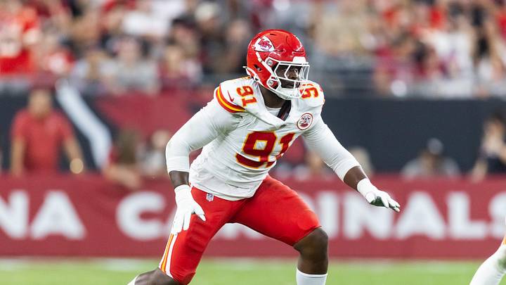 Aug 9, 2025; Glendale, Arizona, USA; Kansas City Chiefs defensive end Felix Anudike-Uzomah (91) against the Arizona Cardinals during a preseason NFL game at State Farm Stadium. Mandatory Credit: Mark J. Rebilas-Imagn Images