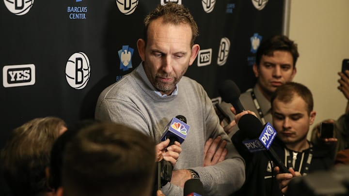 Feb 9, 2023; Brooklyn, New York, USA;  Brooklyn Nets General Manager Sean Marks addresses the media prior to the game against the Chicago Bulls at Barclays Center. Mandatory Credit: Wendell Cruz-Imagn Images