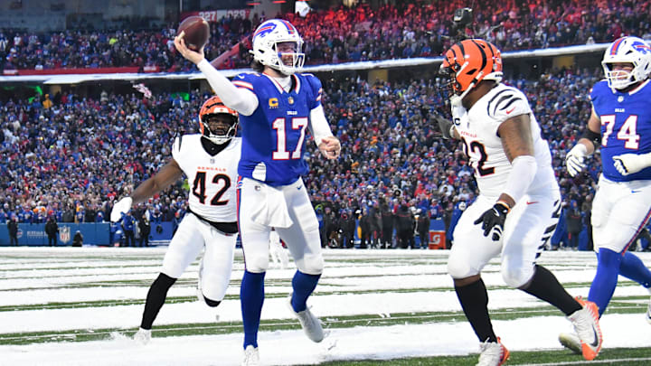 Dec 7, 2025; Orchard Park, New York, USA; Buffalo Bills quarterback Josh Allen (17) throws in the fourth quarter against the Cincinnati Bengals at Highmark Stadium Dec 7, 2025; Orchard Park, New York, USA; Buffalo Bills quarterback Josh Allen (17) throws in the fourth quarter against the Cincinnati Bengals at Highmark Stadium