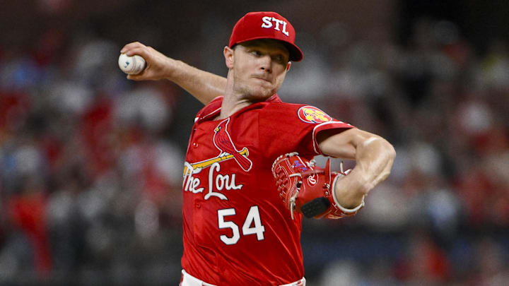 Sep 19, 2025; St. Louis, Missouri, USA;  St. Louis Cardinals starting pitcher Sonny Gray (54) pitches against the Milwaukee Brewers during the first inning at Busch Stadium. Mandatory Credit: Jeff Curry-Imagn Images