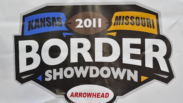 November 26, 2011; Kansas City, MO, USA; A general view of the Border Showdown banner before the game between the Kansas Jayhawks and Missouri Tigers at Arrowhead Stadium. Mandatory Credit: Denny Medley-Imagn Images November 26, 2011; Kansas City, MO, USA; A general view of the Border Showdown banner before the game between the Kansas Jayhawks and Missouri Tigers at Arrowhead Stadium. Mandatory Credit: Denny Medley-Imagn Images