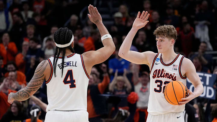 Illinois guard Kylan Boswell (4) and Illinois guard Kasparas Jakucionis (32) celebrate their victory over Xavier at the end of their first round NCAA men’ s basketball tournament game on Friday March 21, 2025 at Fiserv Forum in Milwaukee, Wis. Illinois guard Kylan Boswell (4) and Illinois guard Kasparas Jakucionis (32) celebrate their victory over Xavier at the end of their first round NCAA men’ s basketball tournament game on Friday March 21, 2025 at Fiserv Forum in Milwaukee, Wis.