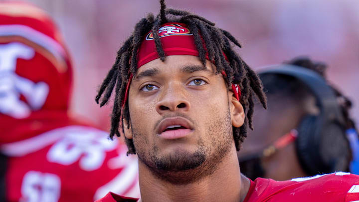 Sep 29, 2024; Santa Clara, California, USA; San Francisco 49ers defensive end Yetur Gross-Matos (94) on the sidelines during the third quarter against the New England Patriots at Levi's Stadium. Mandatory Credit: Neville E. Guard-Imagn Images Sep 29, 2024; Santa Clara, California, USA; San Francisco 49ers defensive end Yetur Gross-Matos (94) on the sidelines during the third quarter against the New England Patriots at Levi's Stadium. Mandatory Credit: Neville E. Guard-Imagn Images
