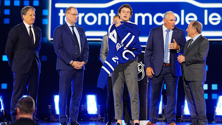 Jun 28, 2024; Las Vegas, Nevada, USA; Ben Danford is selected by the Toronto Maple Leafs with the 31st overall pick in the first round of the 2024 NHL Draft at The Sphere. Mandatory Credit: Stephen R. Sylvanie-Imagn Images Jun 28, 2024; Las Vegas, Nevada, USA; Ben Danford is selected by the Toronto Maple Leafs with the 31st overall pick in the first round of the 2024 NHL Draft at The Sphere. Mandatory Credit: Stephen R. Sylvanie-Imagn Images