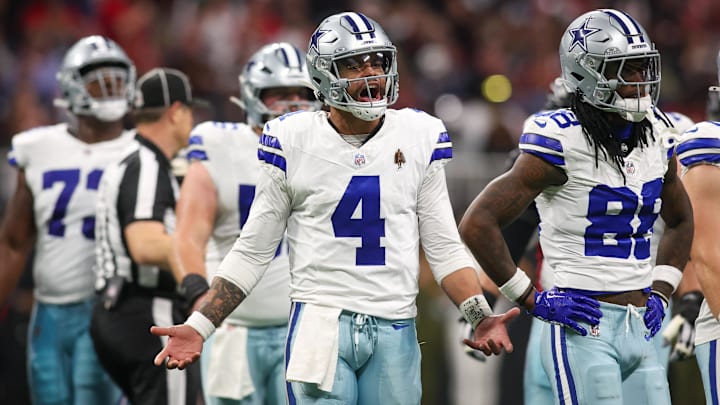 Nov 3, 2024; Atlanta, Georgia, USA; Dallas Cowboys quarterback Dak Prescott (4) reacts to a penalty against the Atlanta Falcons in the third quarter at Mercedes-Benz Stadium. Mandatory Credit: Brett Davis-Imagn Images