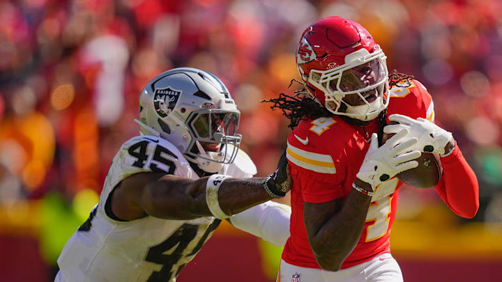 Kansas City Chiefs wide receiver Rashee Rice (4) makes a reception defended by Las Vegas Raiders linebacker Devin White (45) during the second quarter of the game at GEHA Field at Arrowhead Stadium. Kansas City Chiefs wide receiver Rashee Rice (4) makes a reception defended by Las Vegas Raiders linebacker Devin White (45) during the second quarter of the game at GEHA Field at Arrowhead Stadium.