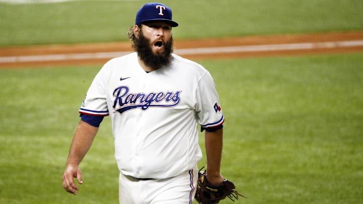 Sep 8, 2020; Arlington, Texas, USA; Texas Rangers starting pitcher Lance Lynn (35) lets out a yell as he retires the side in the top of the seventh inning against the Los Angeles Angels at Globe Life Field.