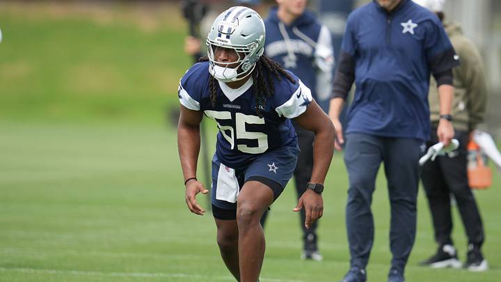 Dallas Cowboys linebacker Jaishawn Barham (55) goes through a drill during practice at the Ford Center at the Star Training Facility in Frisco, Texas. Mandatory Credit: Chris Jones-Imagn Images Dallas Cowboys linebacker Jaishawn Barham (55) goes through a drill during practice at the Ford Center at the Star Training Facility in Frisco, Texas. Mandatory Credit: Chris Jones-Imagn Images