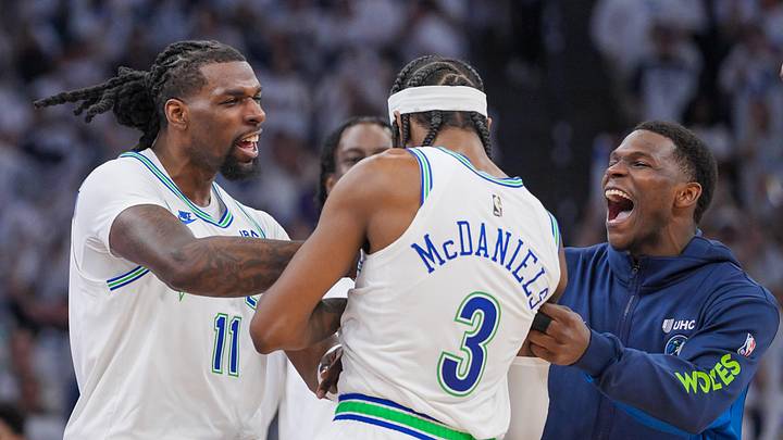 Apr 23, 2024; Minneapolis, Minnesota, USA; Minnesota Timberwolves center Naz Reid (11) celebrates with forward Jaden McDaniels (3) and guard Anthony Edwards (5) against the Phoenix Suns in the fourth quarter during game two of the first round for the 2024 NBA playoffs at Target Center. Mandatory Credit: Brad Rempel-Imagn Images Apr 23, 2024; Minneapolis, Minnesota, USA; Minnesota Timberwolves center Naz Reid (11) celebrates with forward Jaden McDaniels (3) and guard Anthony Edwards (5) against the Phoenix Suns in the fourth quarter during game two of the first round for the 2024 NBA playoffs at Target Center. Mandatory Credit: Brad Rempel-Imagn Images