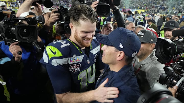 Feb 8, 2026; Santa Clara, CA, USA;  Seattle Seahawks head coach Mike MacDonald celebrates with quarterback Sam Darnold (14) after defeating the New England Patriots in Super Bowl LX at Levi's Stadium. Mandatory Credit: Kyle Terada-Imagn Images