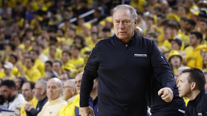 Mar 8, 2026; Ann Arbor, Michigan, USA;  Michigan State Spartans head coach Tom Izzo reacts in the first half against the Michigan Wolverines at Crisler Center.