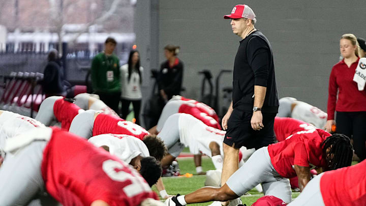 Ohio State Buckeyes offensive coordinator Arthur Smith watches during the first day of spring workouts for the 2026 football season at Woody Hayes Athletic Complex in Columbus on March 10, 2026.