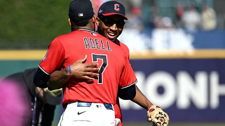 Oct 15, 2026; Cleveland, Ohio, USA; Cleveland Guardians outfielder Jo Adell (7) hugs Cleveland Cavaliers guard Donovan Mitchell after a ceremonial first pitch before game three of the ALCS between Tampa Bay Rays and Cleveland Guardians in the 2026 MLB Playoffs at Progressive Field. Mandatory Credit: Ken Blaze-Imagn Images Oct 15, 2026; Cleveland, Ohio, USA; Cleveland Guardians outfielder Jo Adell (7) hugs Cleveland Cavaliers guard Donovan Mitchell after a ceremonial first pitch before game three of the ALCS between Tampa Bay Rays and Cleveland Guardians in the 2026 MLB Playoffs at Progressive Field. Mandatory Credit: Ken Blaze-Imagn Images