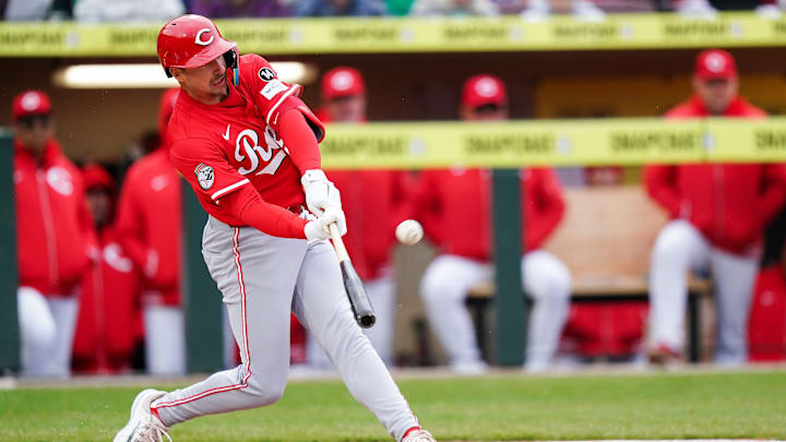 Reds prospects designated hitter Spencer Steer (7) hits the ball in the first inning of the final spring training game between the Cincinnati Reds and Reds prospects, Tuesday, March 25, 2025, at Day Air Ballpark in Dayton.