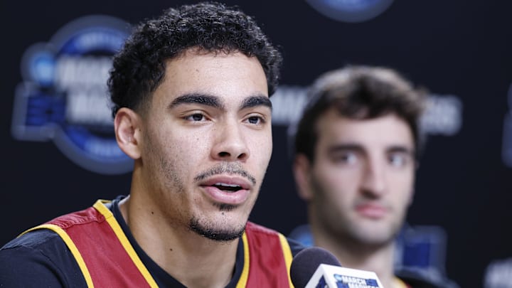 Mar 26, 2026; Chicago, IL, USA; Iowa State Cyclones guard Tamin Lipsey (3) speaks ahead of the Midwest regional of the men's 2026 NCAA Tournament at United Center.