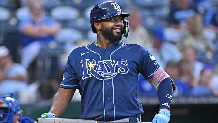 Jul 1, 2026; Kansas City, Missouri, USA; Tampa Bay Rays third baseman Junior Caminero (13) reacts during an at bat in the eighth inning against the Kansas City Royals at Kauffman Stadium. Jul 1, 2026; Kansas City, Missouri, USA; Tampa Bay Rays third baseman Junior Caminero (13) reacts during an at bat in the eighth inning against the Kansas City Royals at Kauffman Stadium.