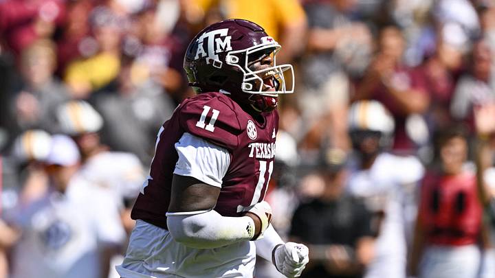 Oct 5, 2024; College Station, Texas, USA; Texas A&M Aggies defensive lineman Nic Scourton (11) reacts after sacking Missouri Tigers quarterback Brady Cook (not pictured) in the first quarter at Kyle Field. Mandatory Credit: Maria Lysaker-Imagn Images. Oct 5, 2024; College Station, Texas, USA; Texas A&M Aggies defensive lineman Nic Scourton (11) reacts after sacking Missouri Tigers quarterback Brady Cook (not pictured) in the first quarter at Kyle Field. Mandatory Credit: Maria Lysaker-Imagn Images.