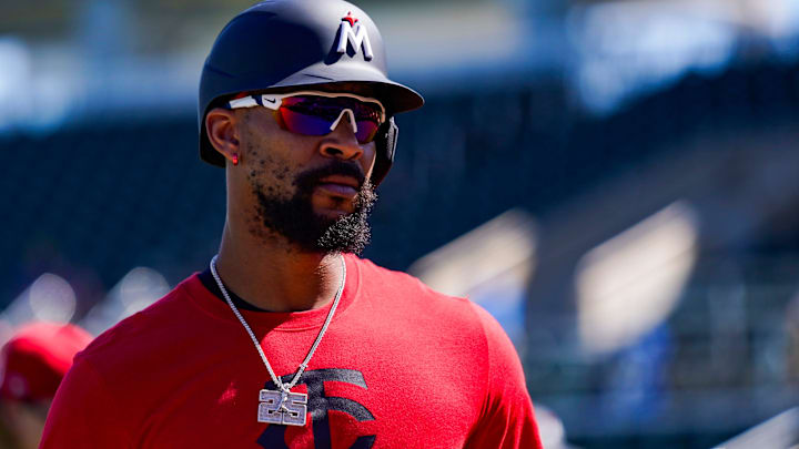 Outfielder Byron Buxton walks to the dugout after a live batting practice session during the Minnesota Twins' first full-squad workout of spring training at the Lee Health Sports Complex in Fort Myers, Fla., on Monday, Feb. 17, 2025.