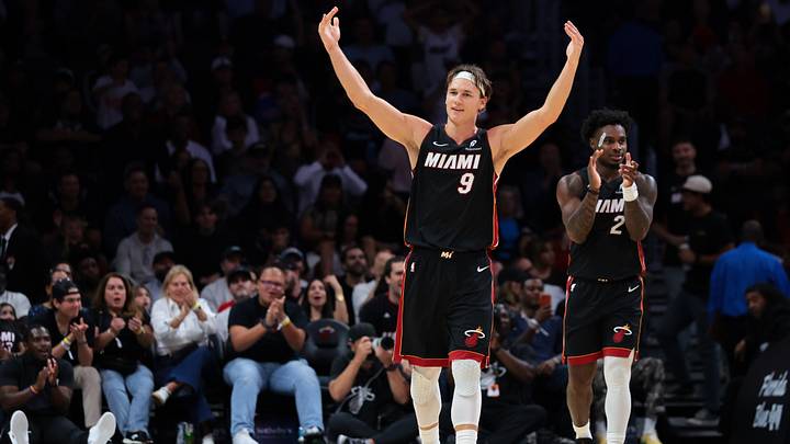 Miami Heat guard Pelle Larsson (9) reacts toward the fans (Mandatory Credit: Sam Navarro-Imagn Images) Miami Heat guard Pelle Larsson (9) reacts toward the fans (Mandatory Credit: Sam Navarro-Imagn Images)