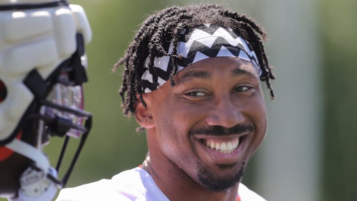 Cleveland Browns defensive end Myles Garrett flashes a smile during training camp July 29, 2022, in Berea, Ohio.