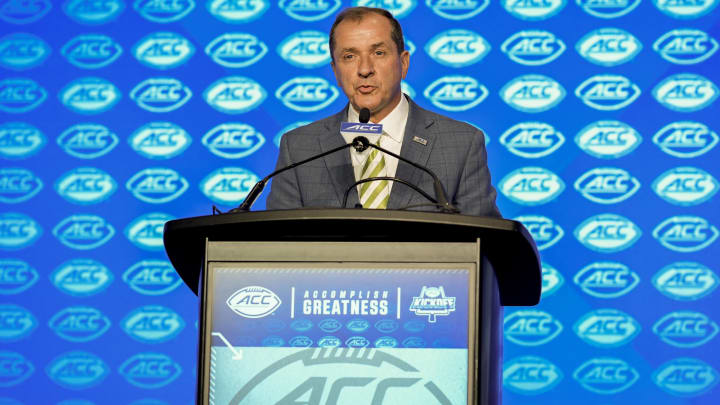 Jul 22, 2024; Charlotte, NC, USA; ACC commissioner Jim Phillips speaks to the media during ACC Kickoff at Hilton Charlotte Uptown. Mandatory Credit: Jim Dedmon-USA TODAY Sports Jul 22, 2024; Charlotte, NC, USA; ACC commissioner Jim Phillips speaks to the media during ACC Kickoff at Hilton Charlotte Uptown. Mandatory Credit: Jim Dedmon-USA TODAY Sports