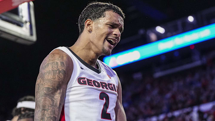 Jan 7, 2025; Athens, Georgia, USA; Georgia Bulldogs guard De'Shayne Montgomery (2) reacts after blocking a shot against the Kentucky Wildcats during the second half at Stegeman Coliseum. Mandatory Credit: Dale Zanine-Imagn Images