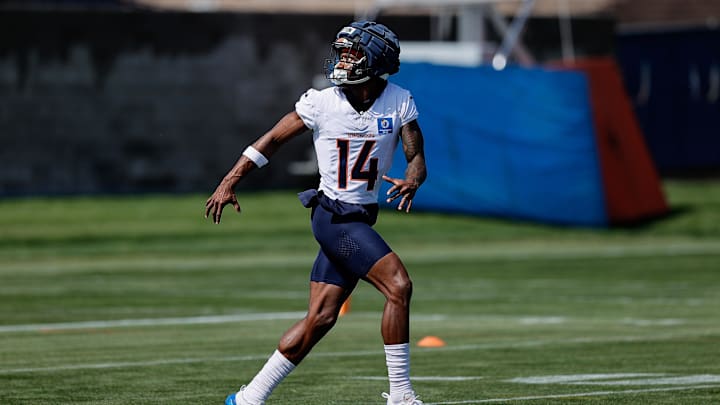 Jul 23, 2025; Englewood, CO, USA; Denver Broncos wide receiver Courtland Sutton (14) during Denver Broncos Training Camp. Mandatory Credit: Isaiah J. Downing-Imagn Images