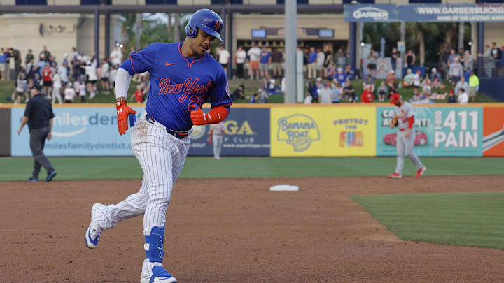 Mar 10, 2025; Port St. Lucie, Florida, USA; New York Mets outfielder Juan Soto (22) rounds third base following a home run during the third inning against the St. Louis Cardinals at Clover Park. Mandatory Credit: Reinhold Matay-Imagn Images Mar 10, 2025; Port St. Lucie, Florida, USA; New York Mets outfielder Juan Soto (22) rounds third base following a home run during the third inning against the St. Louis Cardinals at Clover Park. Mandatory Credit: Reinhold Matay-Imagn Images