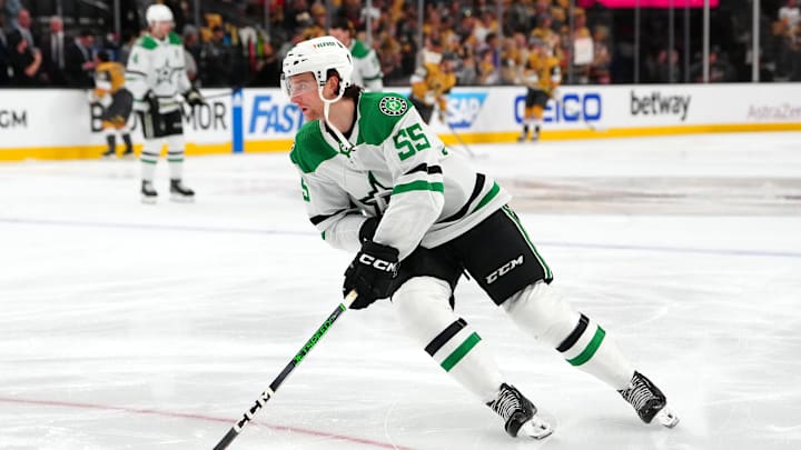 Apr 29, 2024; Las Vegas, Nevada, USA; Dallas Stars defenseman Thomas Harley (55) warms up before the start of game four against the Vegas Golden Knights in the first round of the 2024 Stanley Cup Playoffs at T-Mobile Arena. Mandatory Credit: Stephen R. Sylvanie-Imagn Images