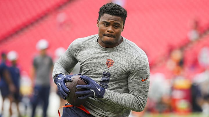 Aug 22, 2024; Kansas City, Missouri, USA; Chicago Bears wide receiver John Jackson III (26) warms up prior to a game against the Kansas City Chiefs at GEHA Field at Arrowhead Stadium. Mandatory Credit: Jay Biggerstaff-Imagn Images