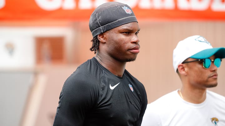 May 10, 2025; Jacksonville, FL, USA; Jacksonville Jaguars wide receiver Travis Hunter (12) waits to be interviewed following rookie minicamp at Miller Electric Center. Mandatory Credit: Travis Register-Imagn Images