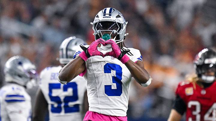 Dallas Cowboys wide receiver George Pickens (3) celebrates during the game between the Cowboys and the Buccaneers at AT&T Stadium. Dallas Cowboys wide receiver George Pickens (3) celebrates during the game between the Cowboys and the Buccaneers at AT&T Stadium.