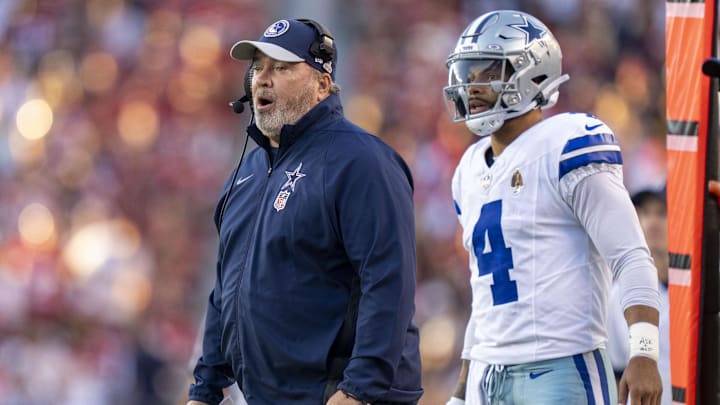 October 8, 2023; Santa Clara, California, USA; Dallas Cowboys head coach Mike McCarthy (left) and