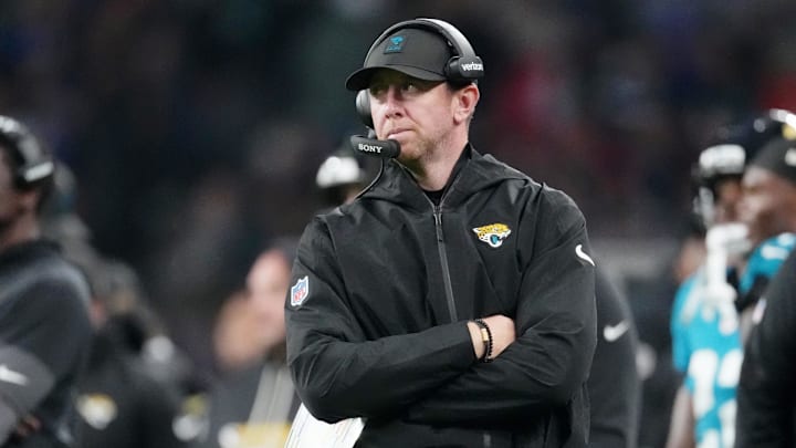 Oct 19, 2025; London, United Kingdom; Jacksonville Jaguars head coach Liam Coen looks on during the second half of an NFL International Series game at Wembley Stadium. Mandatory Credit: Kirby Lee-Imagn Images