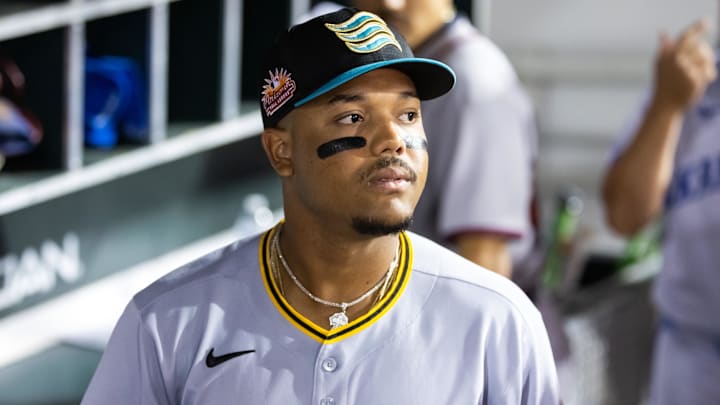 Nov 9, 2025; Mesa, AZ, USA; Pittsburgh Pirates outfielder Esmerlyn Valdez during the Arizona Fall League Fall Stars Game at Sloan Park. Mandatory Credit: Mark J. Rebilas-Imagn Images