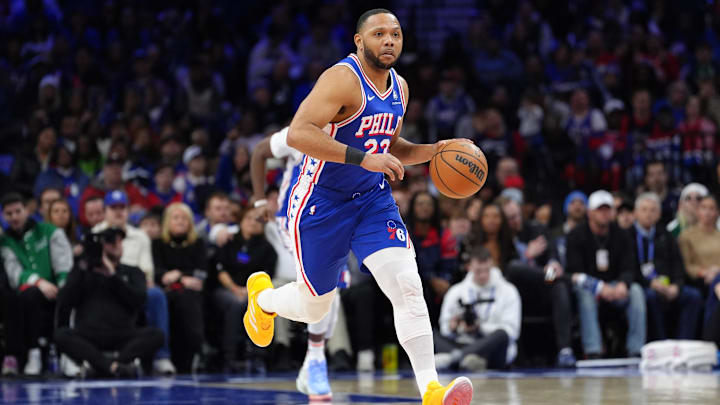 Feb 5, 2025; Philadelphia, Pennsylvania, USA; Philadelphia 76ers guard Eric Gordon (23) controls the ball against the Miami Heat in the fourth quarter at Wells Fargo Center. Mandatory Credit: Kyle Ross-Imagn Images