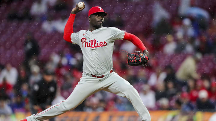 Philadelphia Phillies reliever Yunior Marte throws against the Cincinnati Reds on April 23, 2024, at Great American Ballpark.