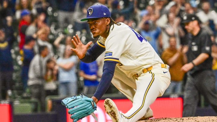Apr 15, 2026; Milwaukee, Wisconsin, USA;  Milwaukee Brewers pitcher Abner Uribe (45) reacts after picking up save in the ninth inning against the Toronto Blue Jays at American Family Field. Mandatory Credit: Benny Sieu-Imagn Images