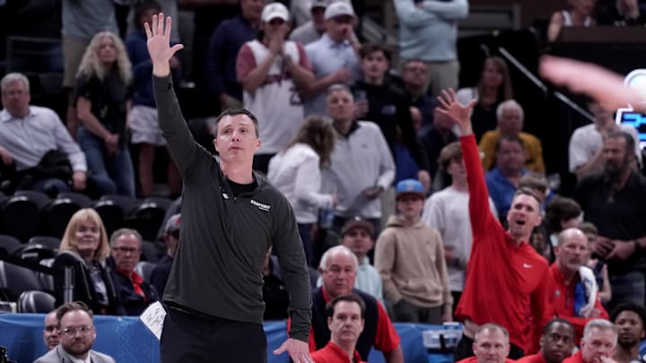 Mar 21, 2024; Salt Lake City, UT, USA; Samford Bulldogs head coach Bucky McMillan during the second half in the first round of the 2024 NCAA Tournament against the Kansas Jayhawks at Vivint Smart Home Arena-Delta Center. Mandatory Credit: Gabriel Mayberry-Imagn Images