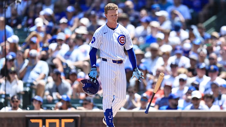 Chicago Cubs center fielder Pete Crow-Armstrong drops his bat in frustration versus the Seattle Mariners.